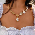 Boho Pearl Choker Necklace with Asymmetric Cuban Link Chain - Summer Beach Jewelry