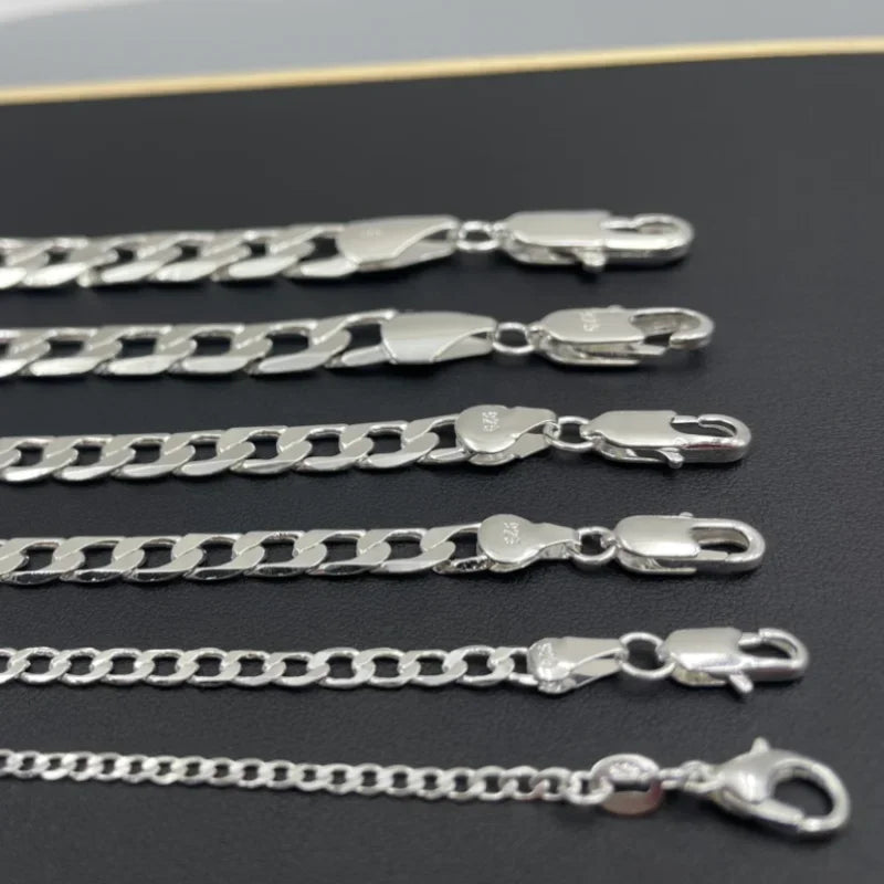 Men's 925 Sterling Silver Necklace 2-12MM Face Chain with Lobster Clasp