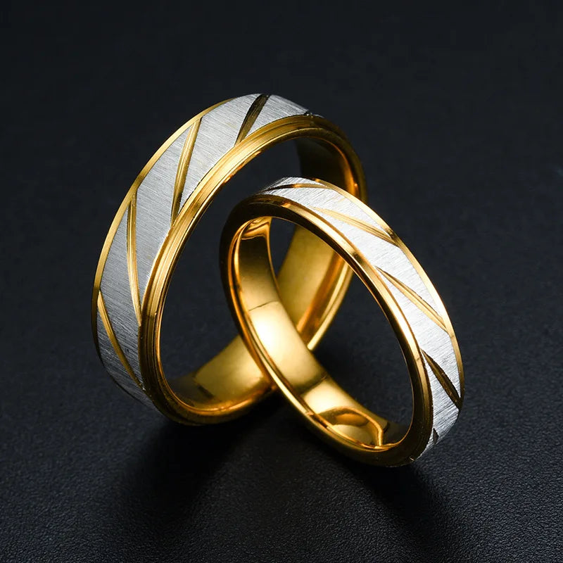 Fashion Stainless Steel Gold Plated Wave Pattern Couple Ring Engagement Wedding Promise Jewelry