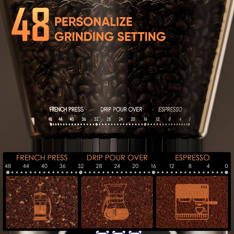Electric Conical Burr Coffee Grinder with 48 Settings for Espresso and Brew
