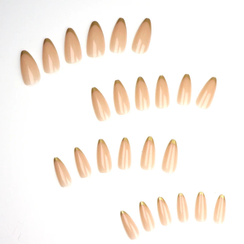 24PCS Short Almond-Pressed Nail Tips with Gold French Design - Pink & Elegant
