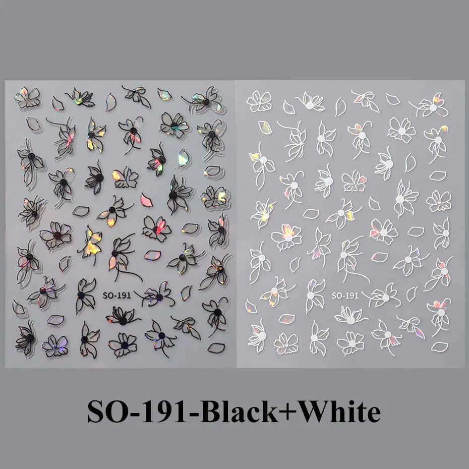 2pcs 3D Black White Flower Nail Art Decals Stickers for Manicure