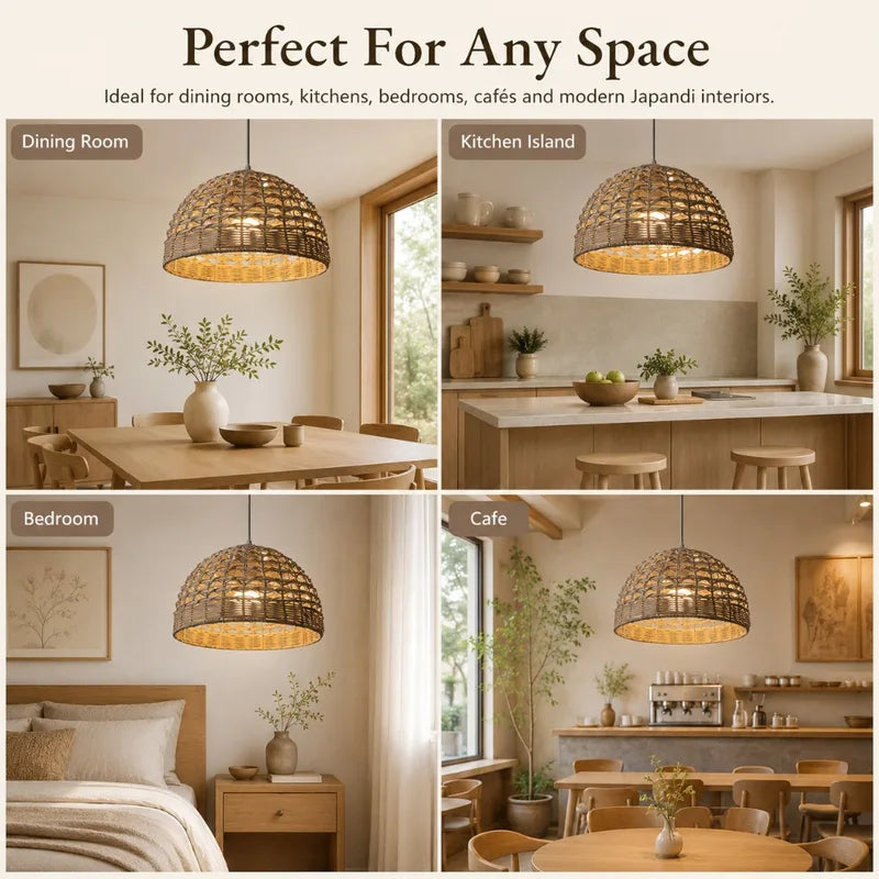Boho Rattan Pendant Light - Hand Woven Bamboo Ceiling Lamp for Kitchen & Bedroom