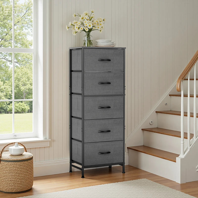 5-Drawer Fabric Storage Cabinet with Wooden Top - Tall Closet Organizer