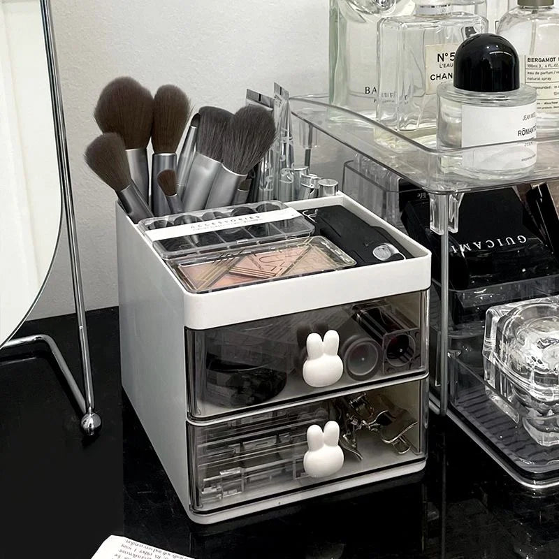 Transparent Drawer Storage Box with Sliding Drawers and Top Compartment for Office and Cosmetics Organization