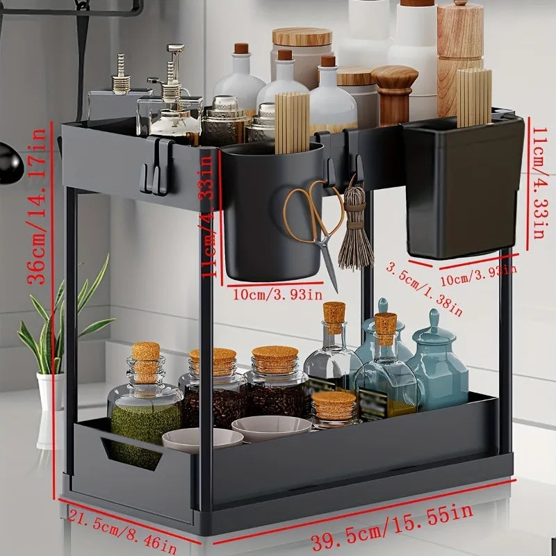 2-Tier Multi-Function Kitchen Sink Organizer with Sliding Drawers and Hooks
