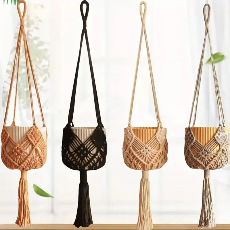 Boho Cotton Rope Plant Hanger with Net Pouch - Indoor Outdoor Hanging Basket