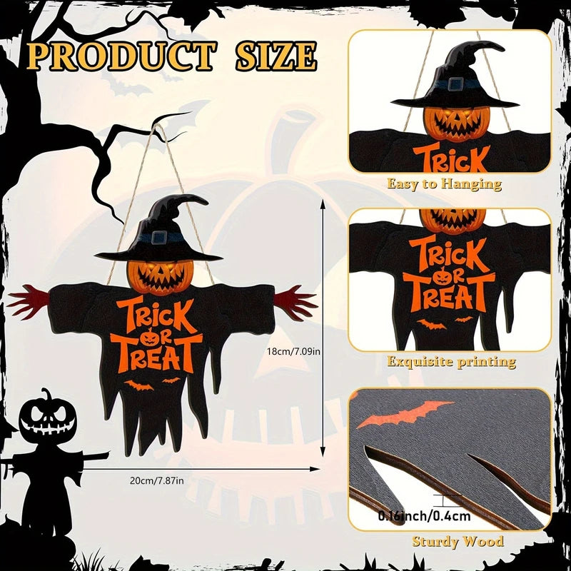 Halloween Pumpkin & Monster Face Wooden Sign Rope Hanger Porch Wall Decor