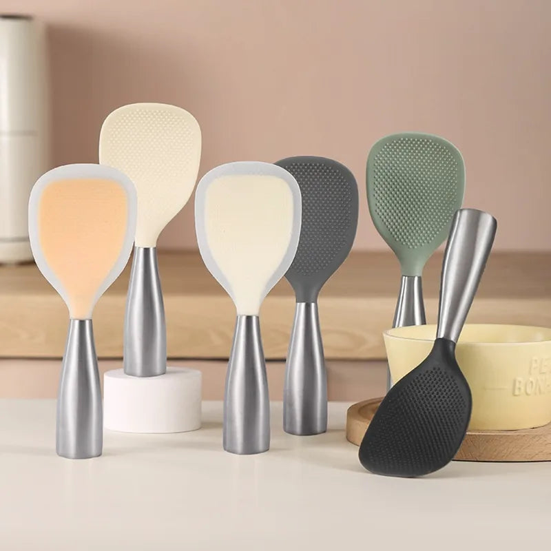 Stainless Steel Handle Silicone Rice Spoon Non-Stick Kitchen Utensil - Heat Resistant