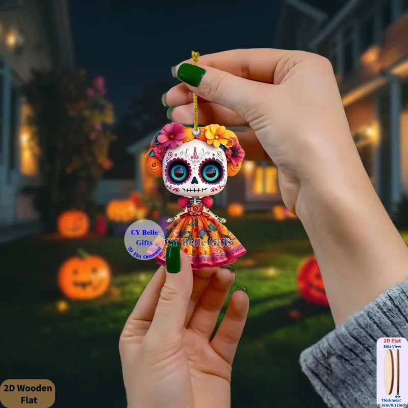 10Pcs Mini 2D Wooden Mexican Candy Doll Hanging Decorations for Halloween Day of The Dead Party Home DIY