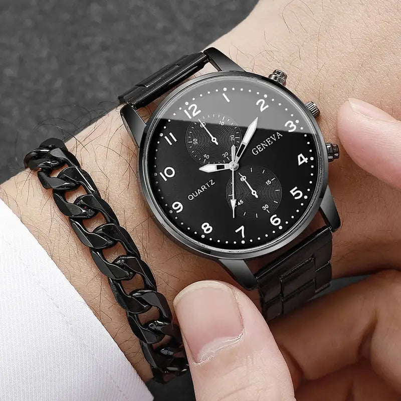 Men's Fashion Quartz Wrist Watch & Bracelet Set Black, Rose, Bronze