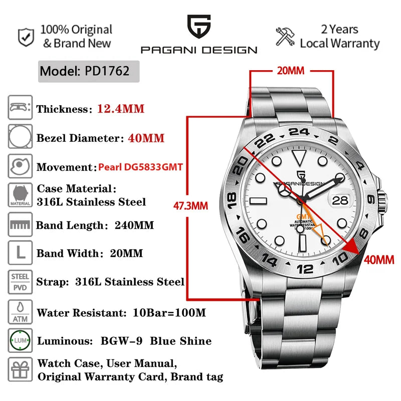 Men's Automatic GMT Watch 40mm Stainless Steel Waterproof Sapphire Crystal