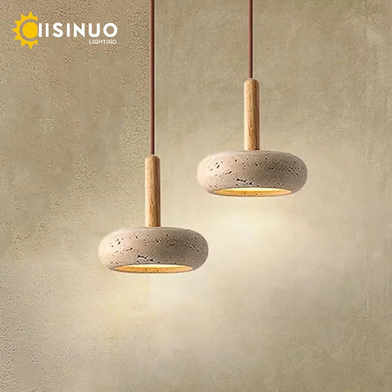 Wabi Sabi Yellow Travertine Stone Pendant Light - Small Round Bedside Hanging Lamp for Bedroom & Corridor
