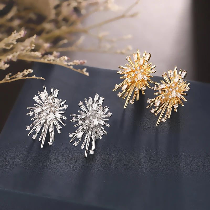 Korean Style Firework Flower Clip-On Earrings Without Piercing Zirconia Jewelry for Women