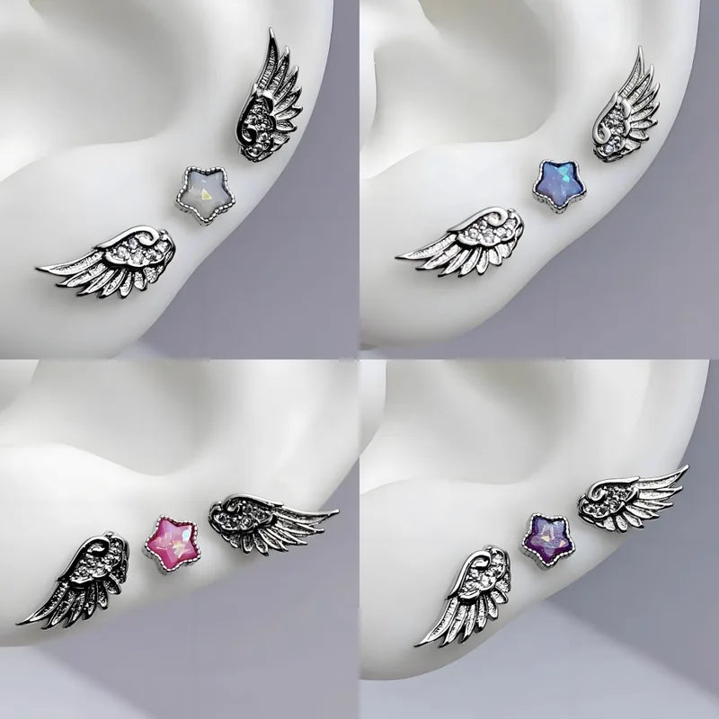 3-Pack Shiny Angel Wing Star Ear Studs for Women and Couples Jewelry