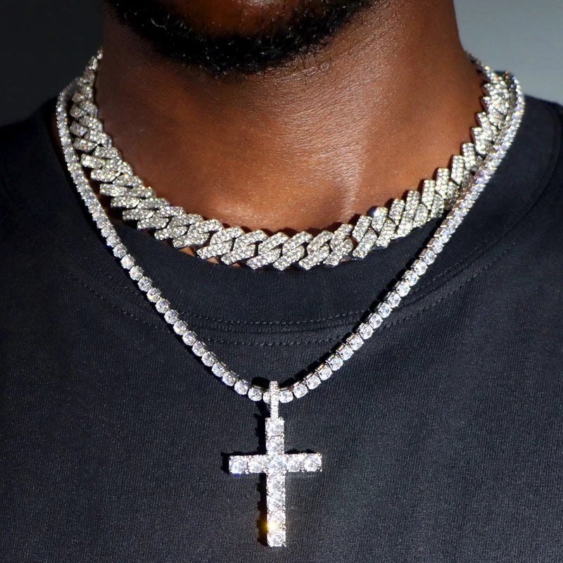 Men Women Cross Tennis Chain Necklace 14MM Cuban Link Jewelry - 2 Pieces