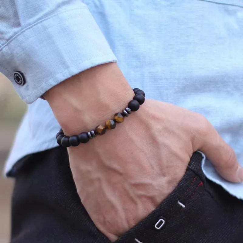 Men's Beaded Bracelet with Natural Stones - Black Onyx, Tiger Eye, Sodalite