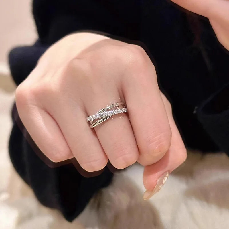 Sterling Silver Layered Cross Ring for Women Zircon Jewelry Gift