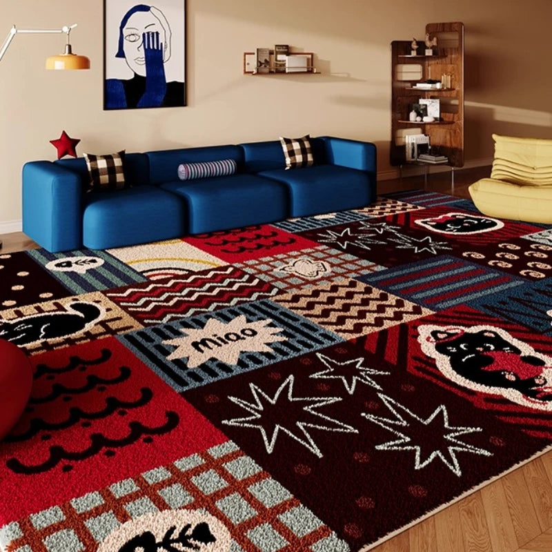 Colorful Retro Grid Living Room Rug - Plush Cartoon Style Carpet for Bedroom & Home