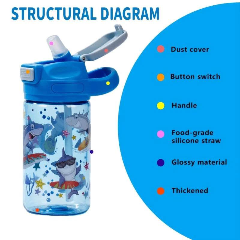 410ml Kids Dinosaur Water Bottle with Silicone Straw Leakproof Summer Drinking Cup