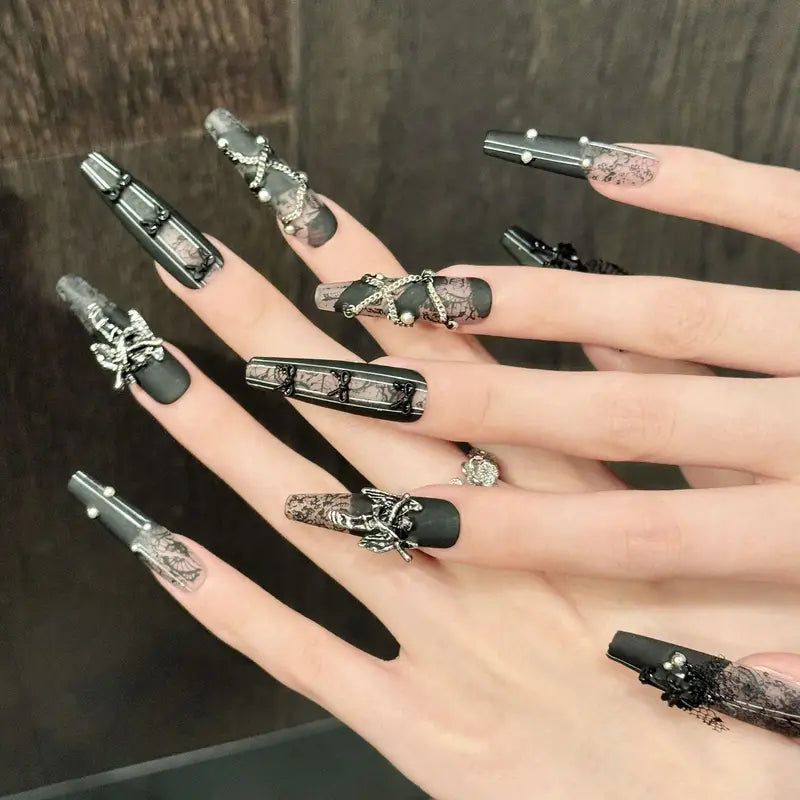 10PCS Handmade Stiletto False Nails Set Cross Y2K Dark Wind Party & Daily Wear