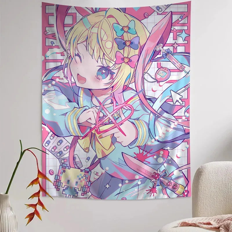 Cyber Yandere Girl Tapestry Wall Art - Kawaii Aesthetic Bedroom Decor
