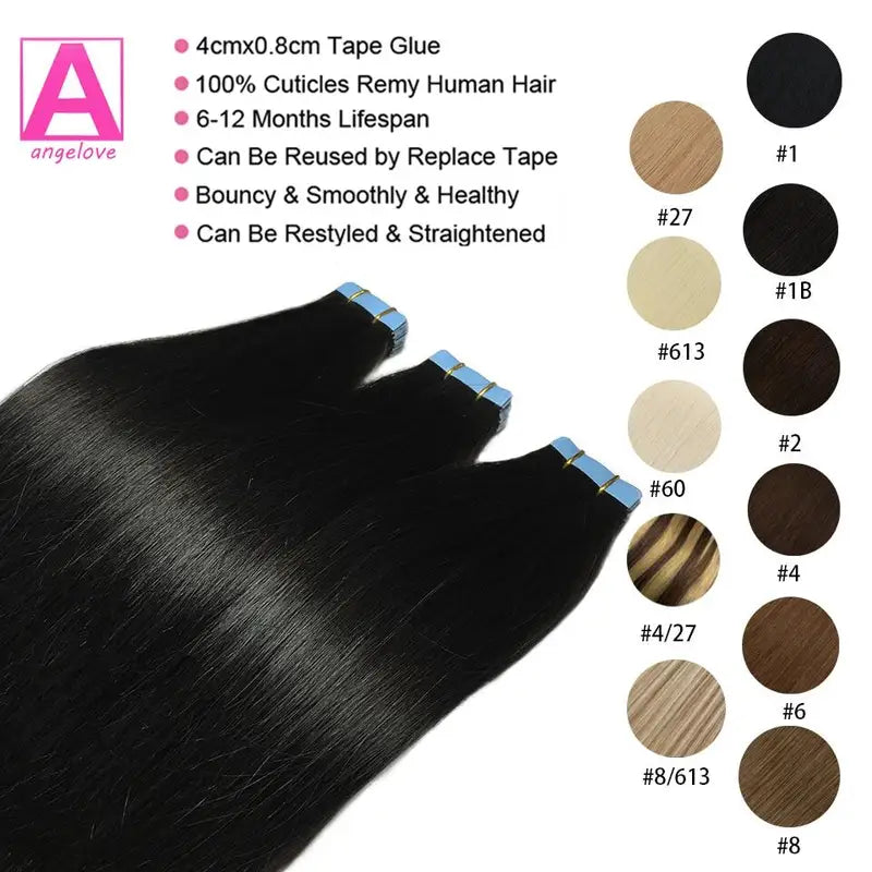 Hair Extensions Tape In 100% Remy Human Hair Brazilian Straight Skin Weft