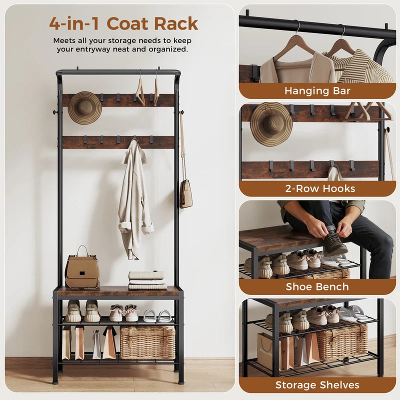 Multi-Functional Coat and Shoe Organizer with 2-Tier Shoe Rack and 12 Hooks