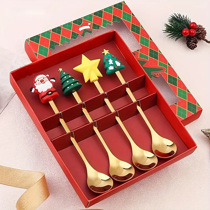 Christmas Stainless Steel Fork and Spoon Set with Santa Design - 2/4/6 Pcs Holiday Tableware