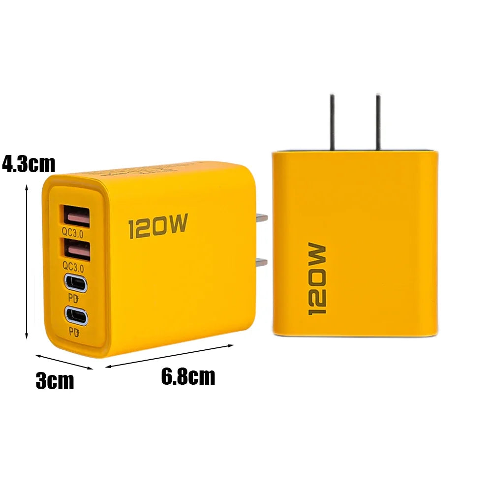 120W Fast Charging Wall Charger with 4 Ports USB-C & QC3.0 for Smartphones