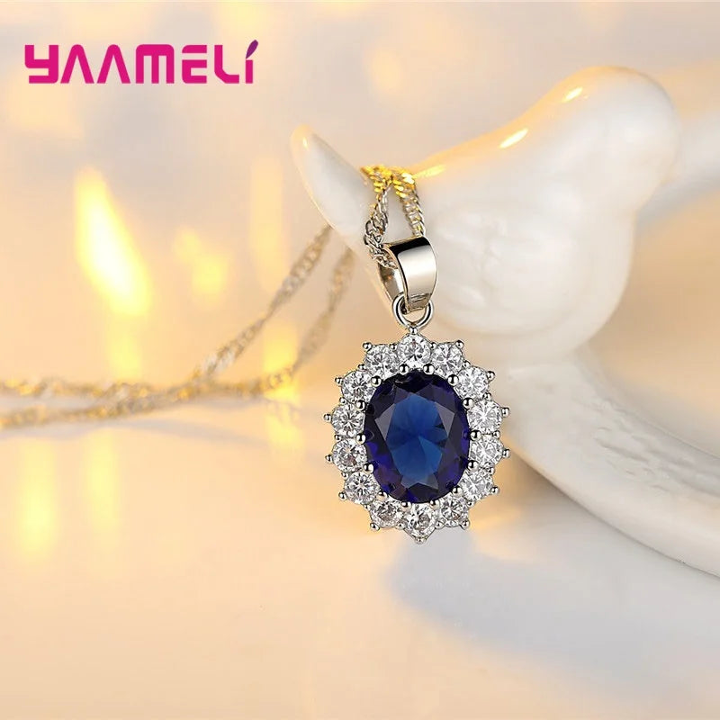 Sterling Silver Wedding Engagement Jewelry Set with Necklace Earrings Ring - Princess Oval Zircon