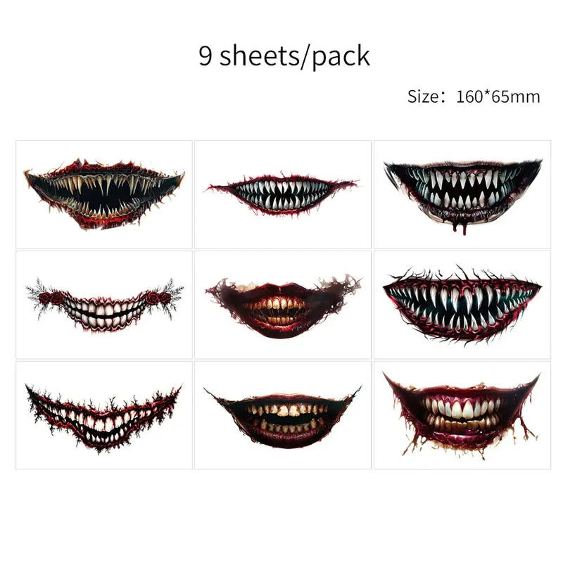 Halloween Temporary Face Tattoos - 9 Sheets Waterproof Zombie Vampire Clown Designs