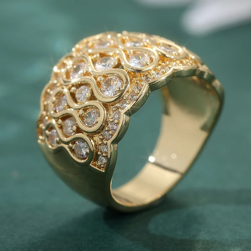 Golden Plated Zirconia Women’s Ring Elegant Fashion Jewelry Banquet Festival Accessory