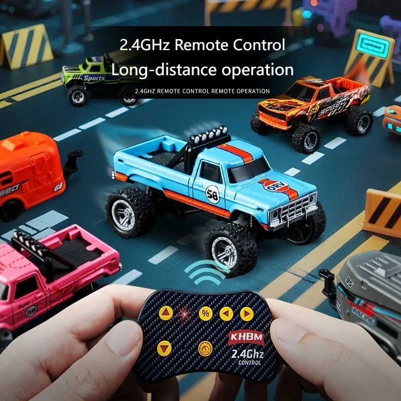 Mini Alloy RC Car 1/64 Scale Remote Control Toy with Lights and Speed Adjustment