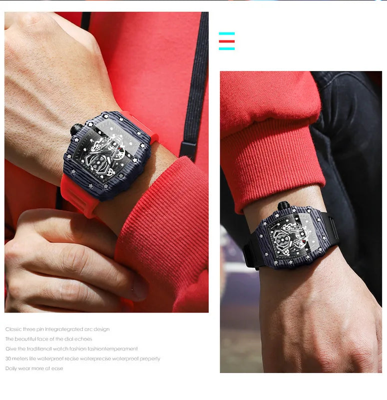 Men's Barrel Watch with Curved Mirror Hollow Surface Silicone Quartz Wristwatch