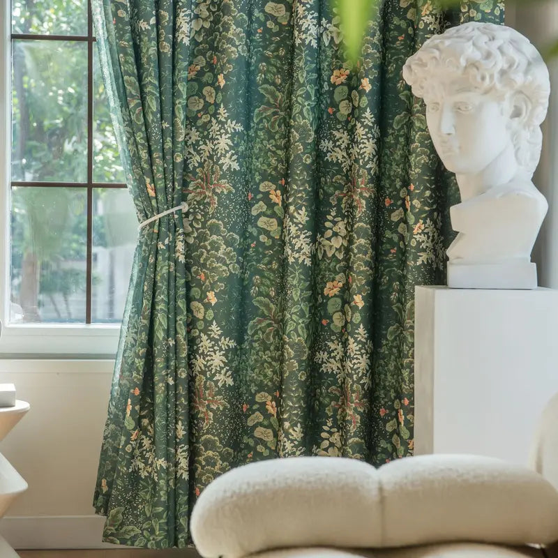 Small Floral Green Window Curtain Panel for Living Room Privacy