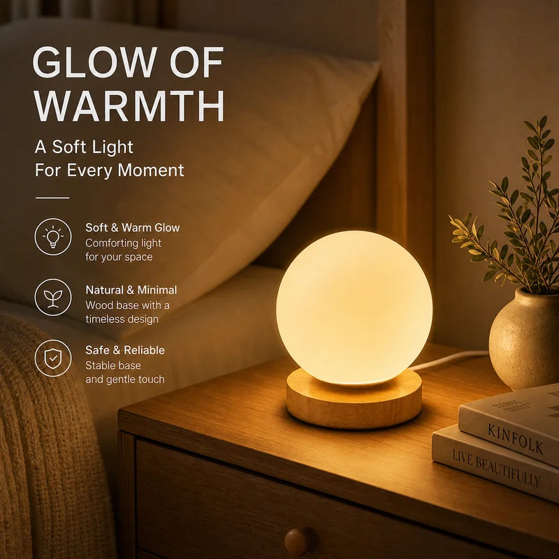 Modern Solid Wood Spherical Table Lamp for Bedroom & Living Room