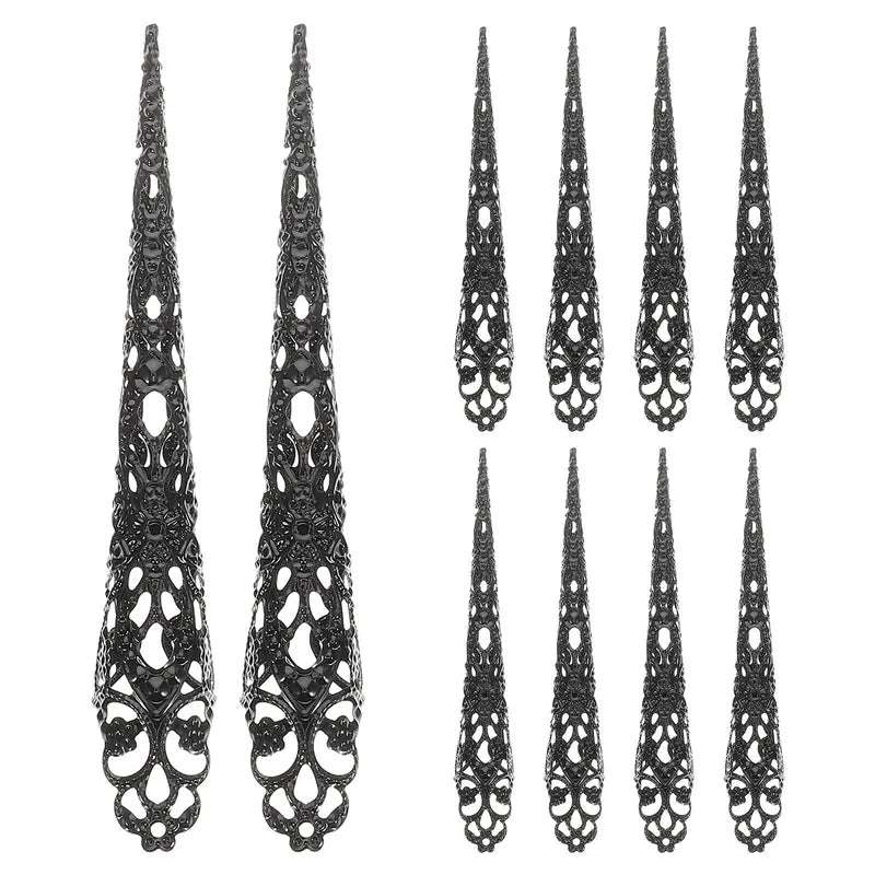 Long Artificial Nail Tips with Metal Claws for Halloween & Cosplay - 10PCS