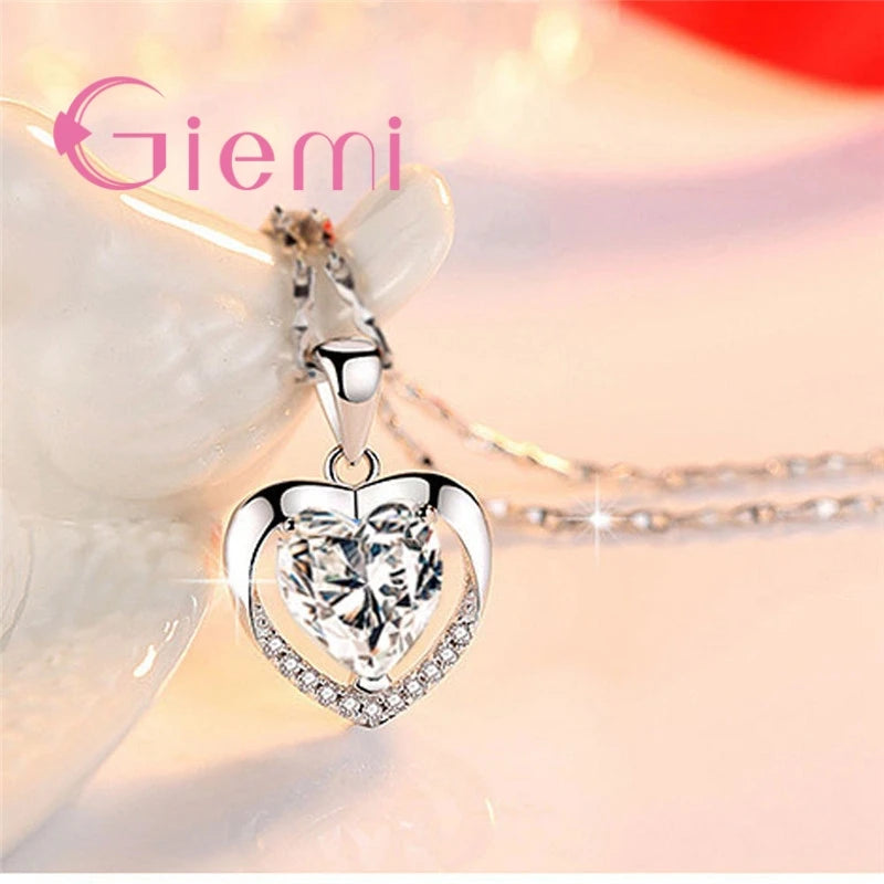 Sterling Silver Pendant Necklace for Women Engagement Romantic Heart Jewelry