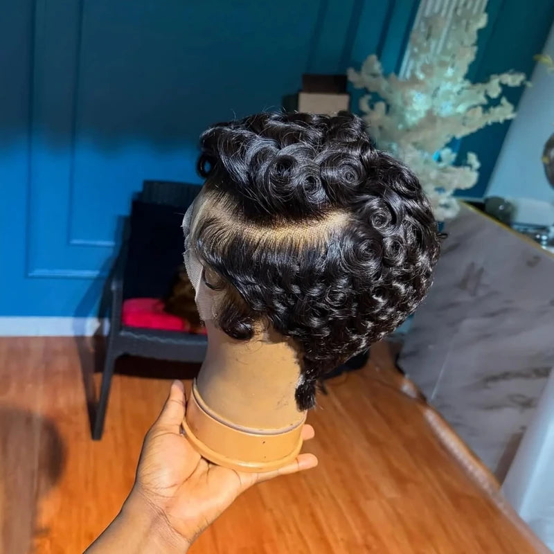 Short Curly Lace Front Human Hair Wig - Pixie Cut Style for Women