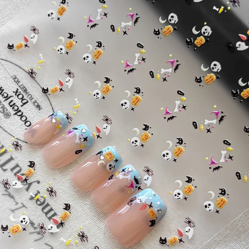 Halloween Nail Charms Stickers - Skull, Cat, Bat, Moon, Starburst, Coffin, Wizard Hat, Bones, Crescent Decor