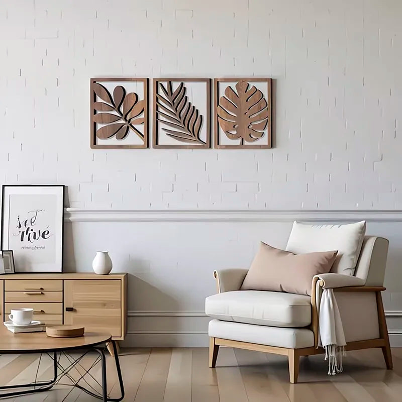 3-Piece Tropical Leaf Wooden Wall Decor Set - Boho Indoor Hanging Art