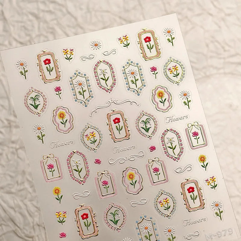 Luxury 5D Floral Nail Art Stickers with Crystals and Metal Frame - Self-Adhesive Manicure Decals