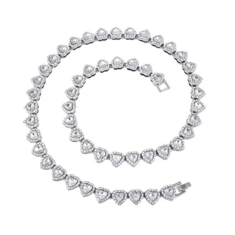 45cm Hip Hop Heart Rhinestone CZ Chain Necklace & Bracelet Jewelry Set