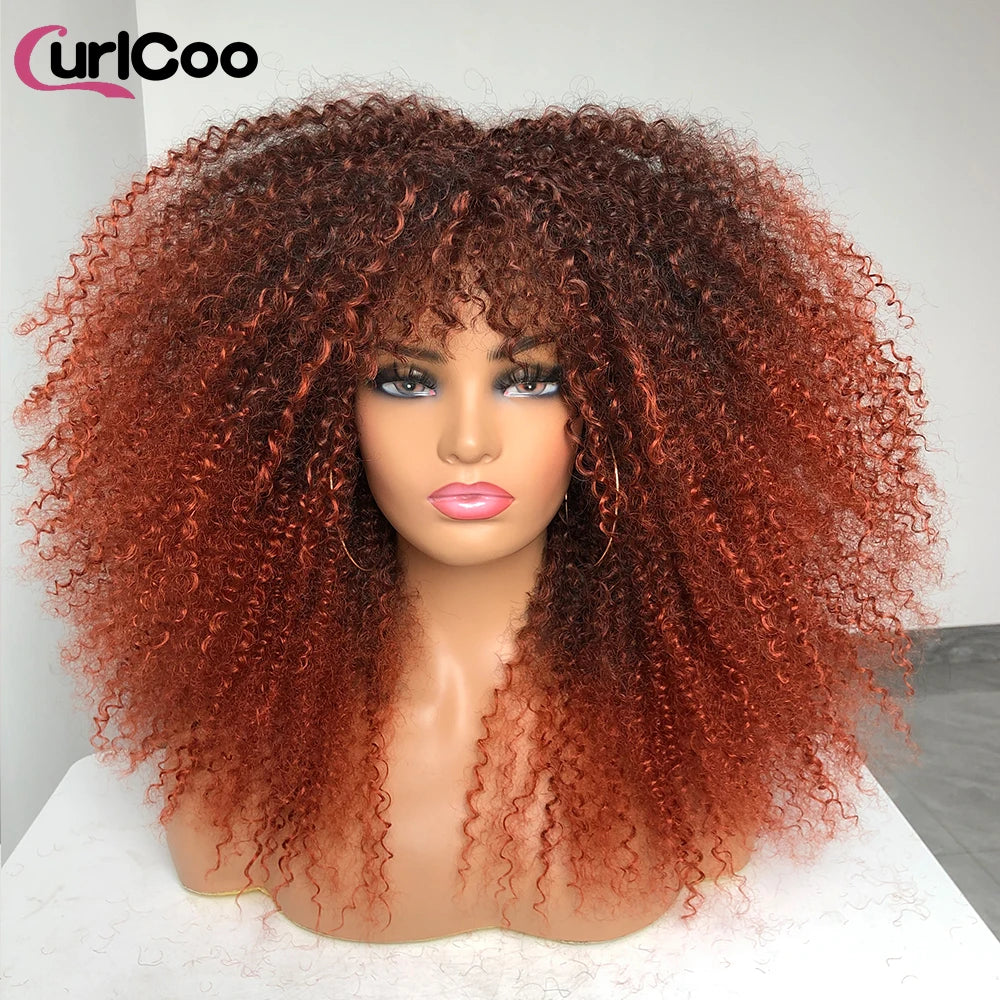 Curly Afro Wig with Bangs - Long Synthetic Curly Costume Wig for Daily Wear and Parties
