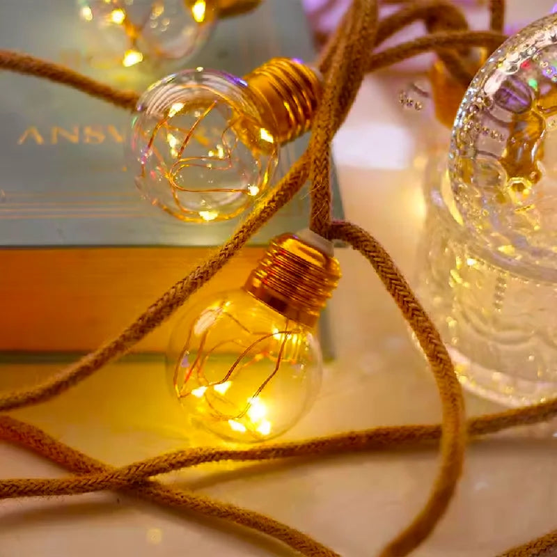Solar Powered Rope String Lights Outdoor Garden Decor with 8 Modes - Hemp & Plastic Bulbs