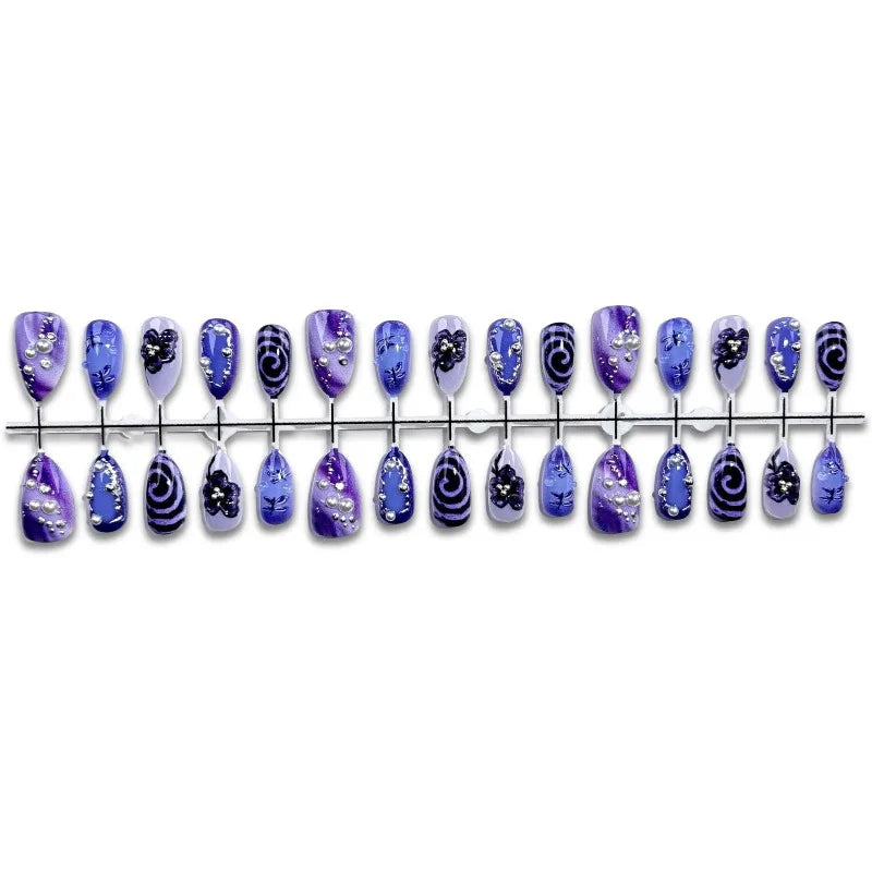 24-Piece Gothic Press-On Nail Set - Purple Flower Swirl Fake Nails for Women