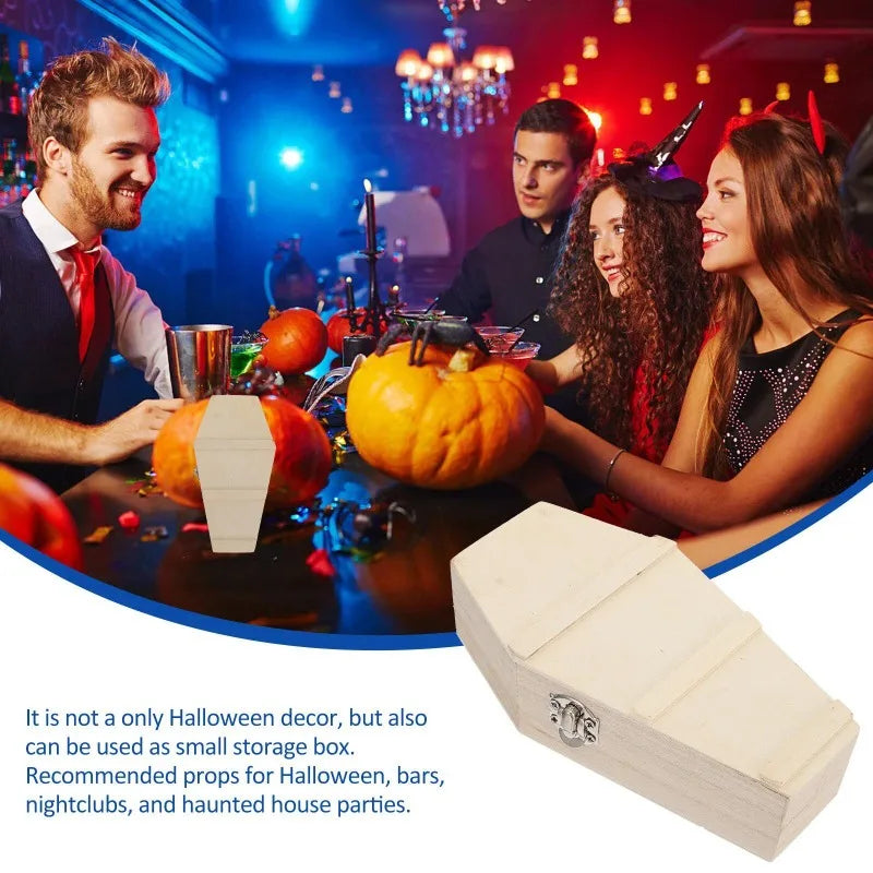 Halloween Wooden Coffin Box with Hinged Lid - Unfinished DIY Treat Container, Party Favors, Spooky Decor