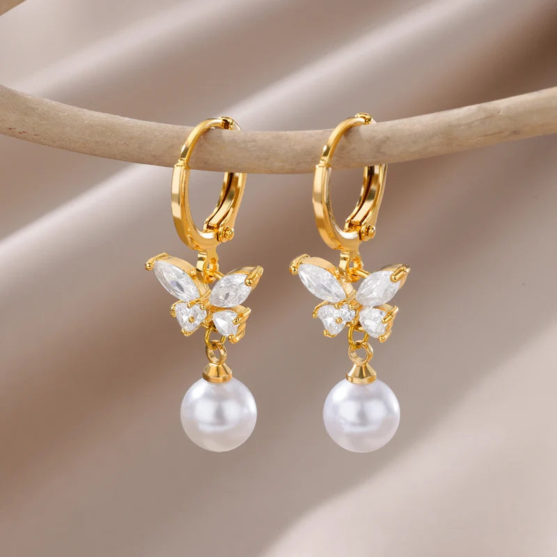 Butterfly Zircon Stainless Steel Pearl Earrings for Women - Gold Plated Piercing Jewelry