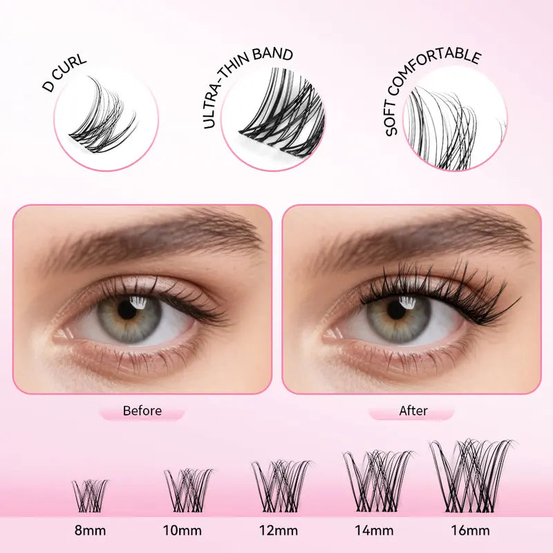 Waterproof Eyelash Clusters Kit with Bond & Seal Remover - Natural Look, Beginner Friendly